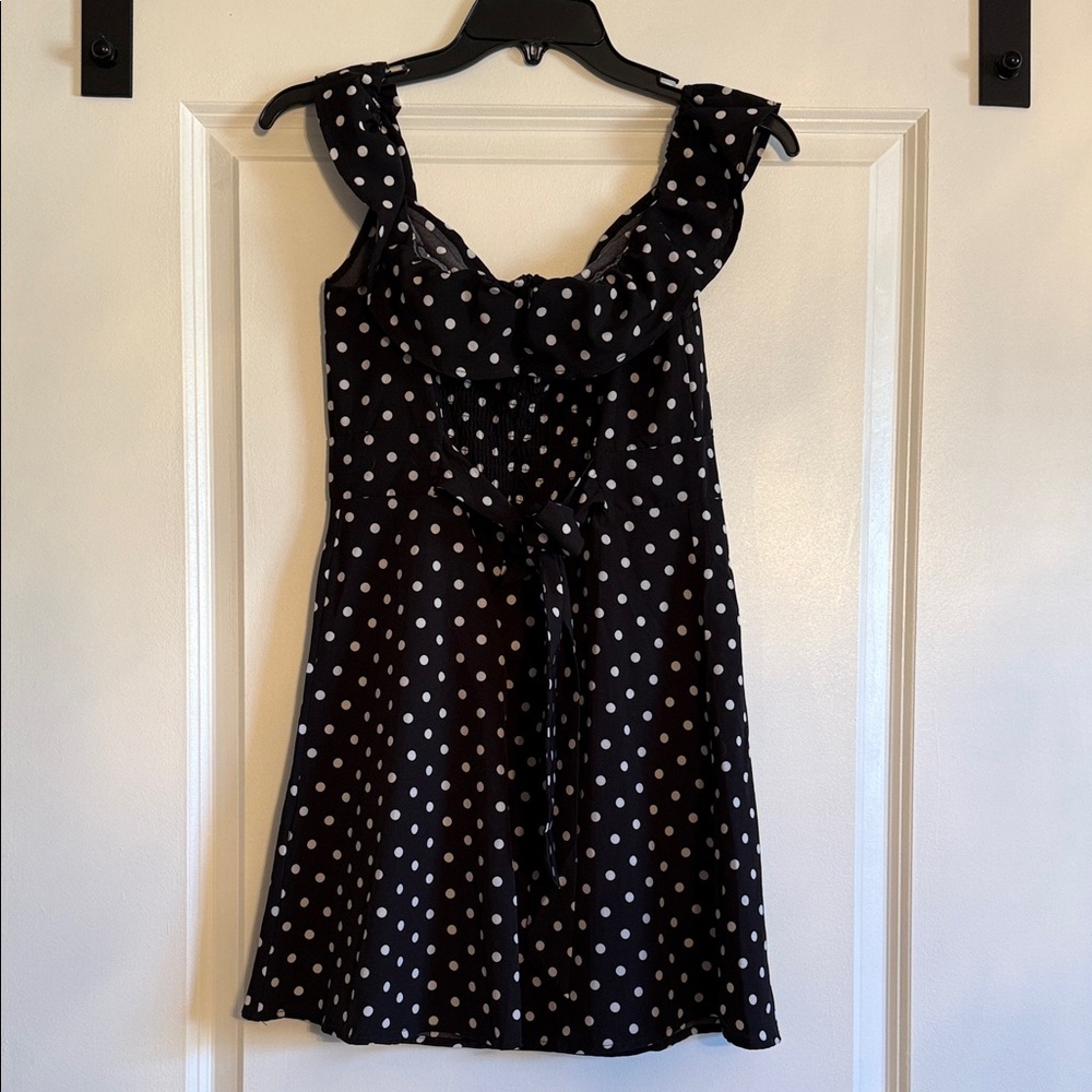 Black Polka Dot Ruffle Strap Dress-off the shoulder.